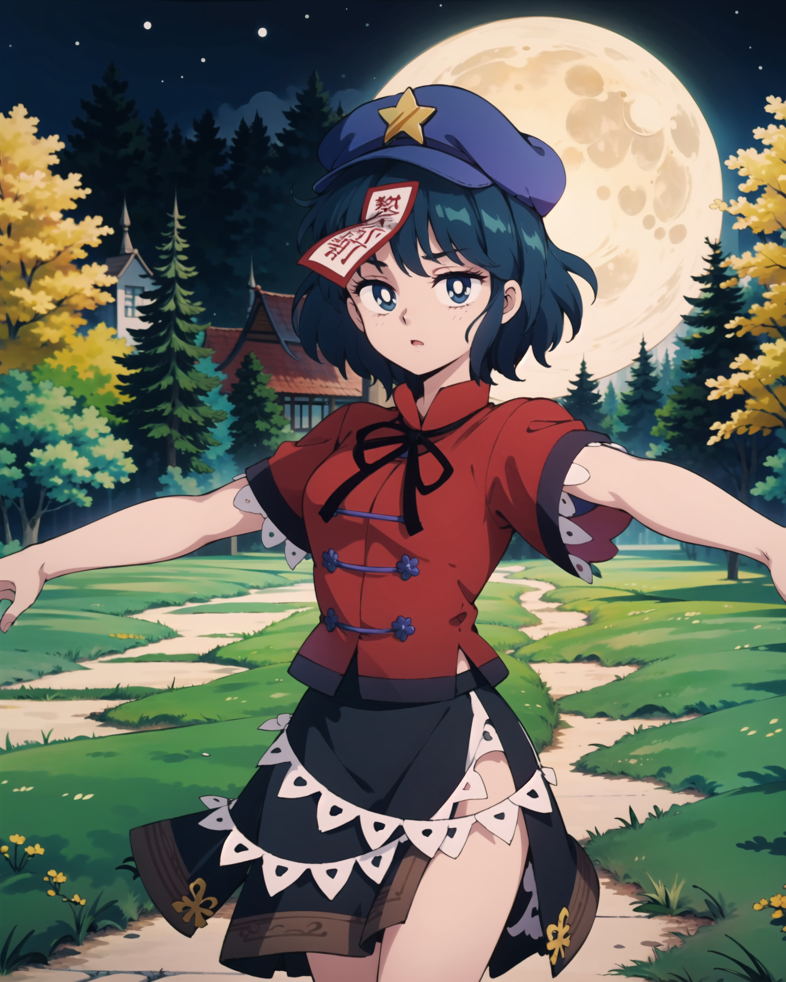 00019-3137530073-,outdoors,night,moon,forest,tree,grass,1girl,miyako yoshika, hat,star hat ornament,ofuda,blue hair,short hair,blue eyes,tangzhua.png